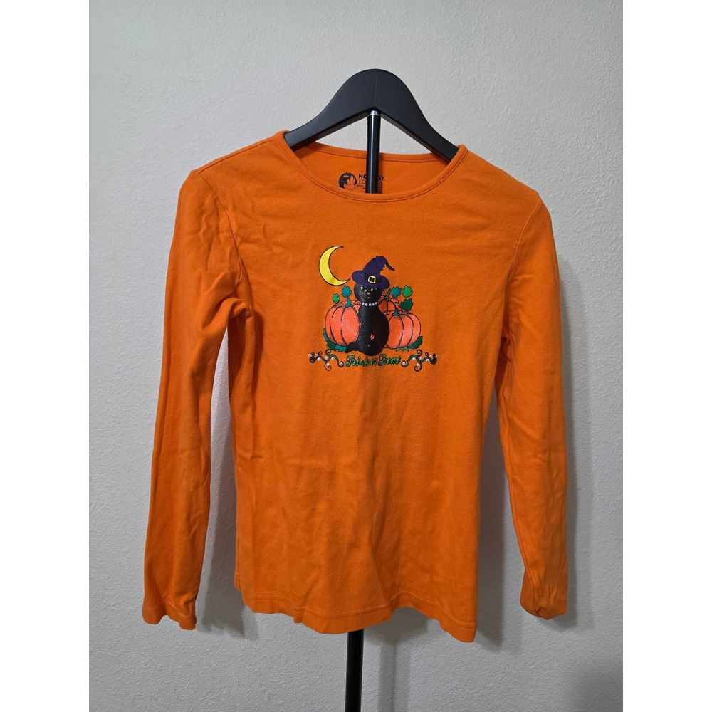 Holiday Editions Halloween Orange Long Sleeve Shirt Black Cat Witch Pumpkins S